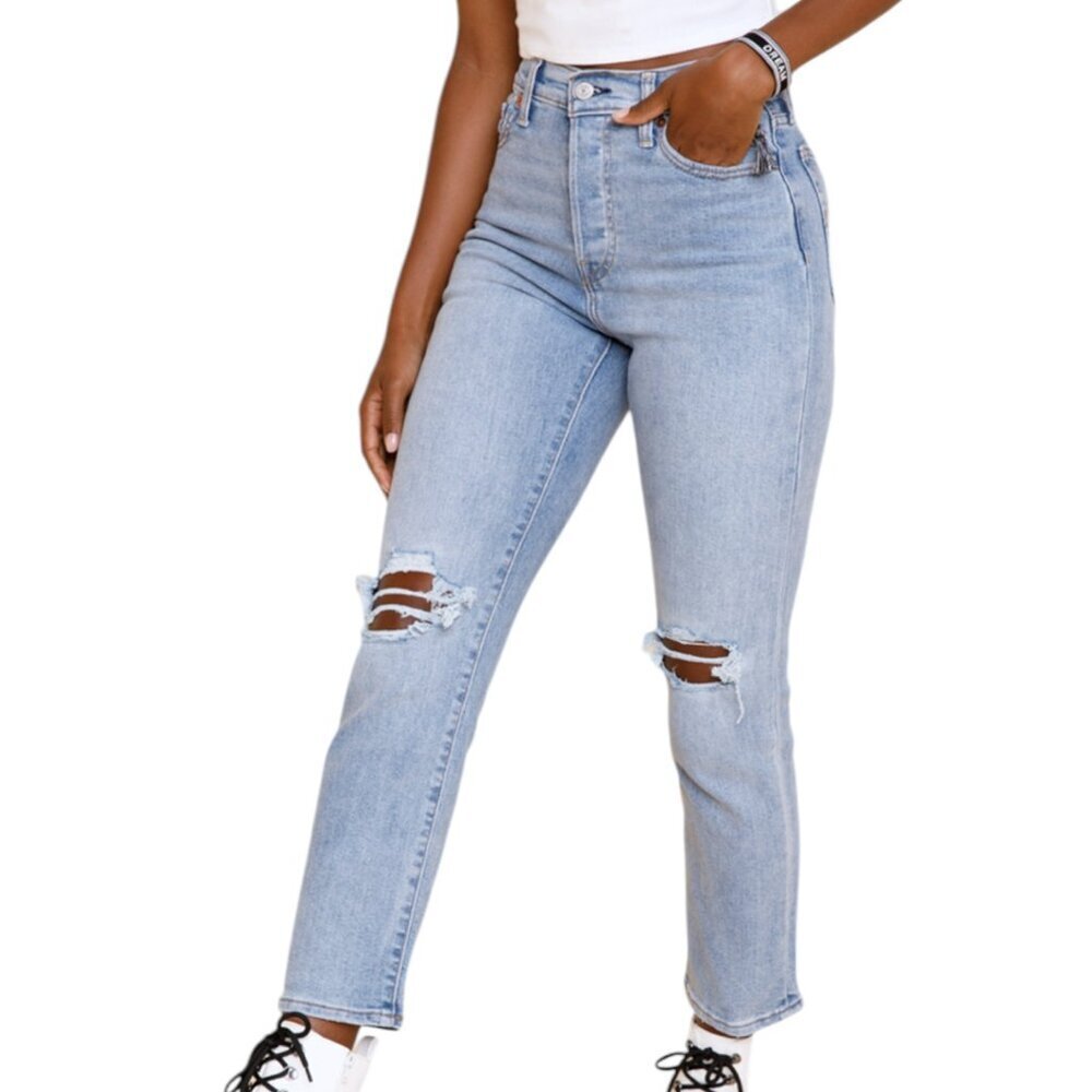 Levi's Wedgie High Rise Denim Distressed Button-Fly Front Straight Jeans Blue 28